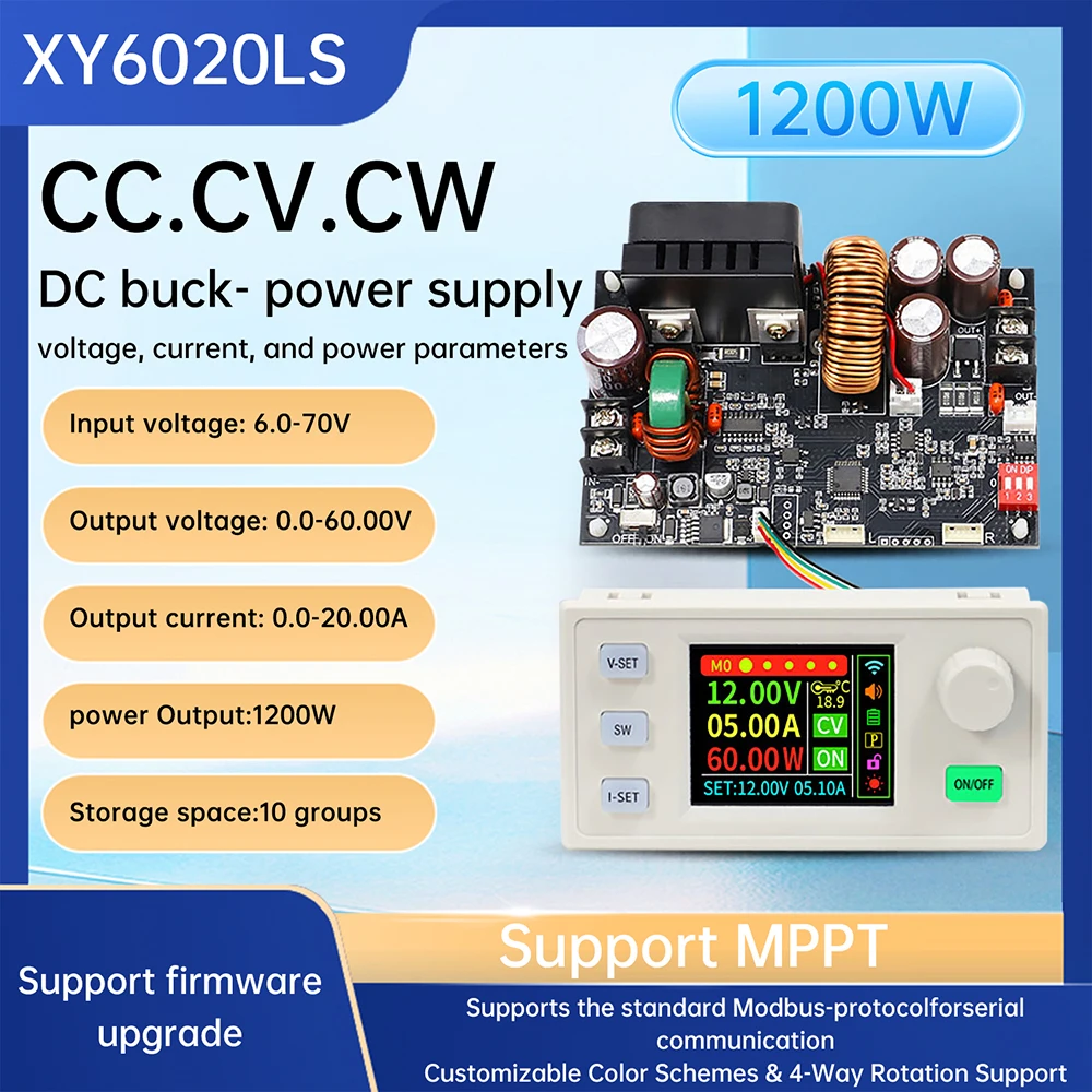 XY6020LS Вращающийся экран Регулируемый источник питания постоянного тока с ЧПУ Регулируемый понижающий источник питания 20 А/1200 Вт Понижающий модуль
XY6020LS Вращающийся экран Регулируемый источник питания постоянного тока с ЧПУ Регулируемый понижающий источник питания 20 А/1200 Вт Понижающий модуль