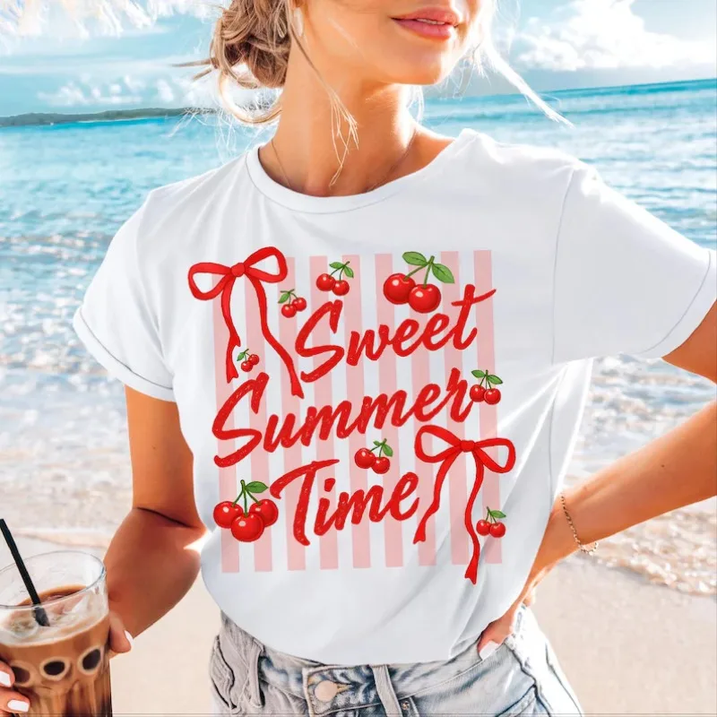 Sweet Summer Time Cherry Bow Graphic T-Shirt for Women Cute Coquette Aesthetic Fruit Tee Pink Striped Casual Short Sleeve Top
Sweet Summer Time Cherry Bow Graphic T-Shirt for Women Cute Coquette Aesthetic Fruit Tee Pink Striped Casual Short Sleeve Top