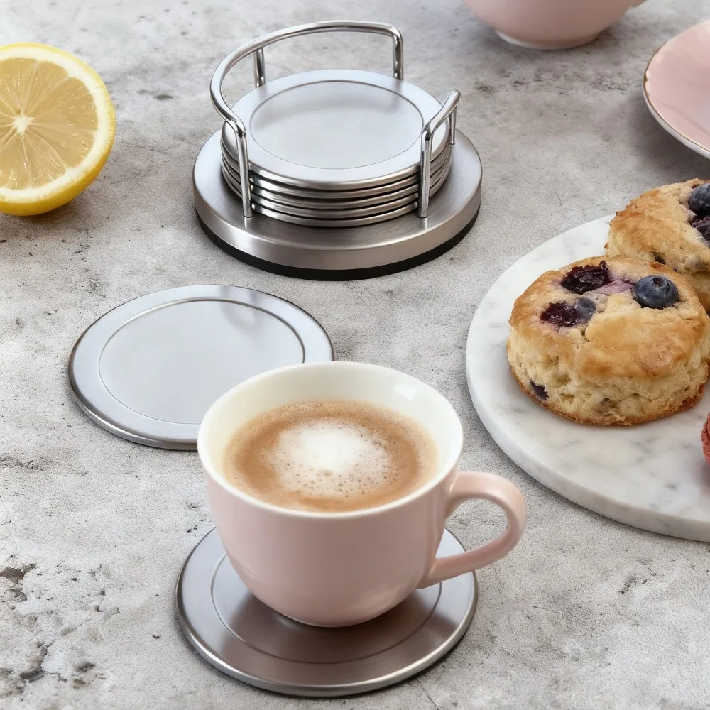 6 Pieces Durable Round Stainless Steel Coaster Silver Non-slip Cup Mat with Storage Rack Thickened Heat Insulation Mat Gift
6 Pieces Durable Round Stainless Steel Coaster Silver Non-slip Cup Mat with Storage Rack Thickened Heat Insulation Mat Gift