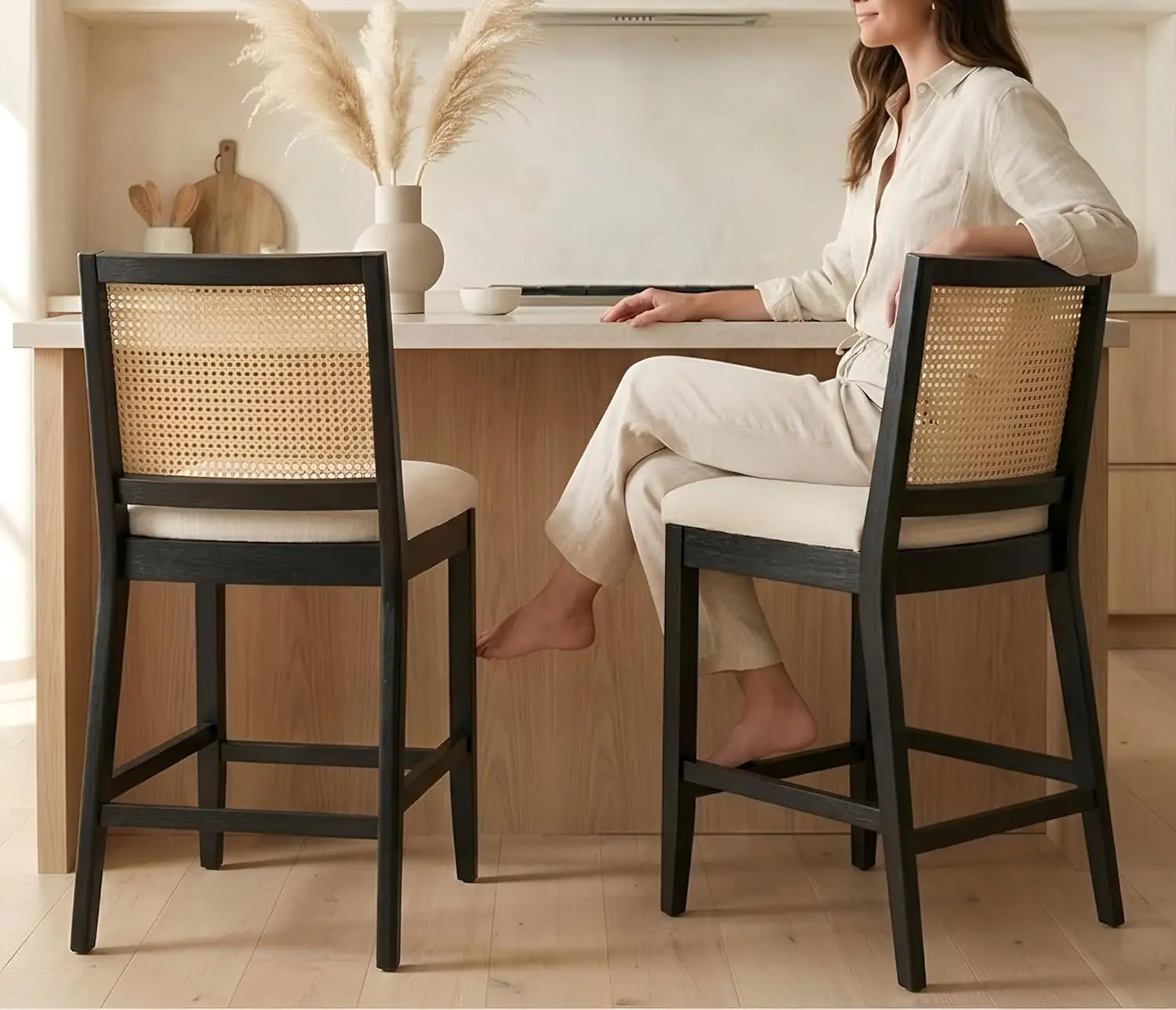 26.5" Bar Stools Set Of 2 Linen Counter Height Kitchen Island Rattan Back Black Wood Legs Beige, Customized
26.5" Bar Stools Set Of 2 Linen Counter Height Kitchen Island Rattan Back Black Wood Legs Beige, Customized