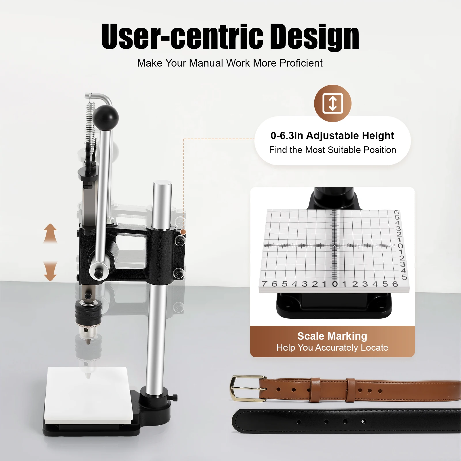 Adjustable Height 0-6.3 in Manual Press Puncher Graduated Plate Hole Puncher Punching machine for Leather/Belt/Watch Strap Punching & Stamping
Adjustable Height 0-6.3 in Manual Press Puncher Graduated Plate Hole Puncher Punching machine for Leather/Belt/Watch Strap Punching & Stamping