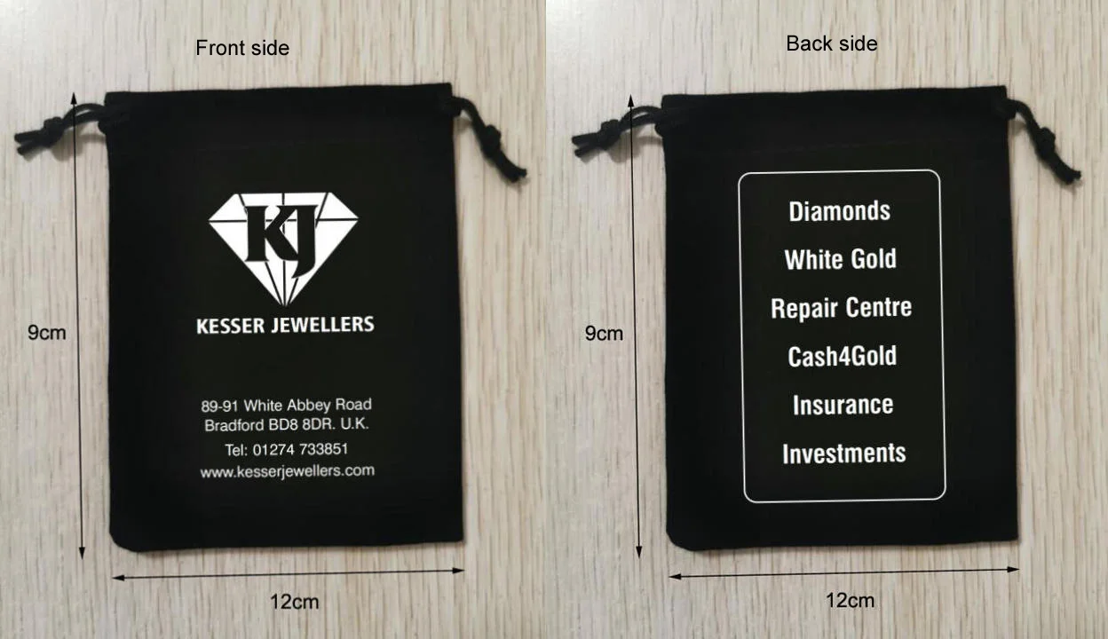 100pcs 9x12cm Black Velvet Bags Drawstring Gift Pouches Screen Printed With White Color Logo on Both Sides
100pcs 9x12cm Black Velvet Bags Drawstring Gift Pouches Screen Printed With White Color Logo on Both Sides