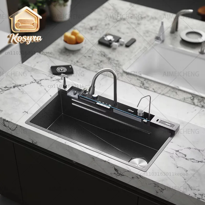 Hot selling Stainless Steel Waterfall Kitchen Sink With Holder Digital Display Faucet Set Embossed Extra Large Single Slot
Hot selling Stainless Steel Waterfall Kitchen Sink With Holder Digital Display Faucet Set Embossed Extra Large Single Slot