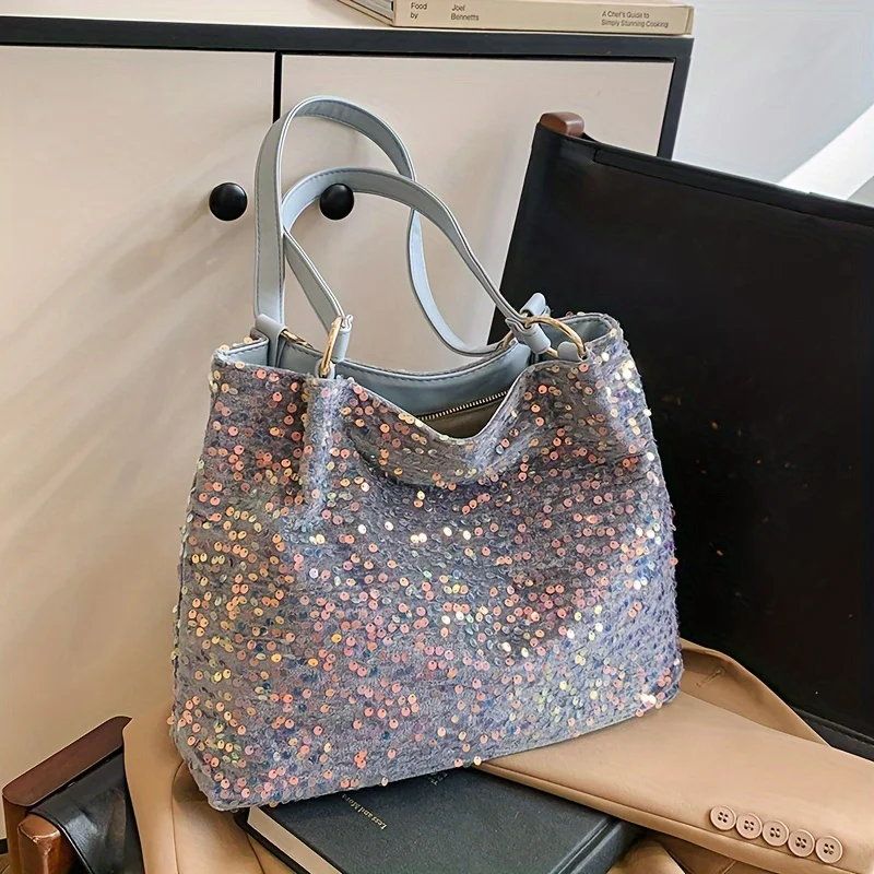 Женская модная сумка через плечо с блестящими пайетками, блестящая сумка-тоут на молнии с большой вместимостью, простая элегантная модная сумка
Женская модная сумка через плечо с блестящими пайетками, блестящая сумка-тоут на молнии с большой вместимостью, простая элегантная модная сумка