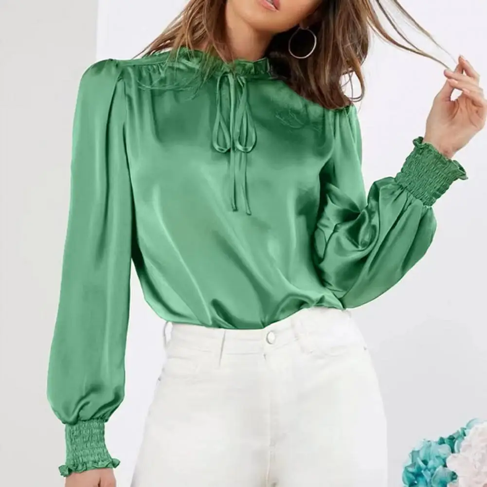 Women Blouse Elegant Stand Collar Ruffle Trim Satin Shirt for Women Long Sleeve Pullover Top Solid Color Loose Fit Blouse Women
Women Blouse Elegant Stand Collar Ruffle Trim Satin Shirt for Women Long Sleeve Pullover Top Solid Color Loose Fit Blouse Women