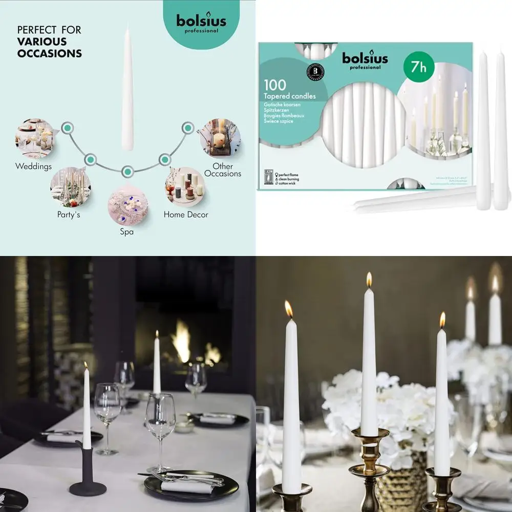 100-Pack 10-Inch Dinner Candles - Long Burn Time - High-Quality European Style - Smooth Finish - 100% Cotton Wick
100-Pack 10-Inch Dinner Candles - Long Burn Time - High-Quality European Style - Smooth Finish - 100% Cotton Wick
