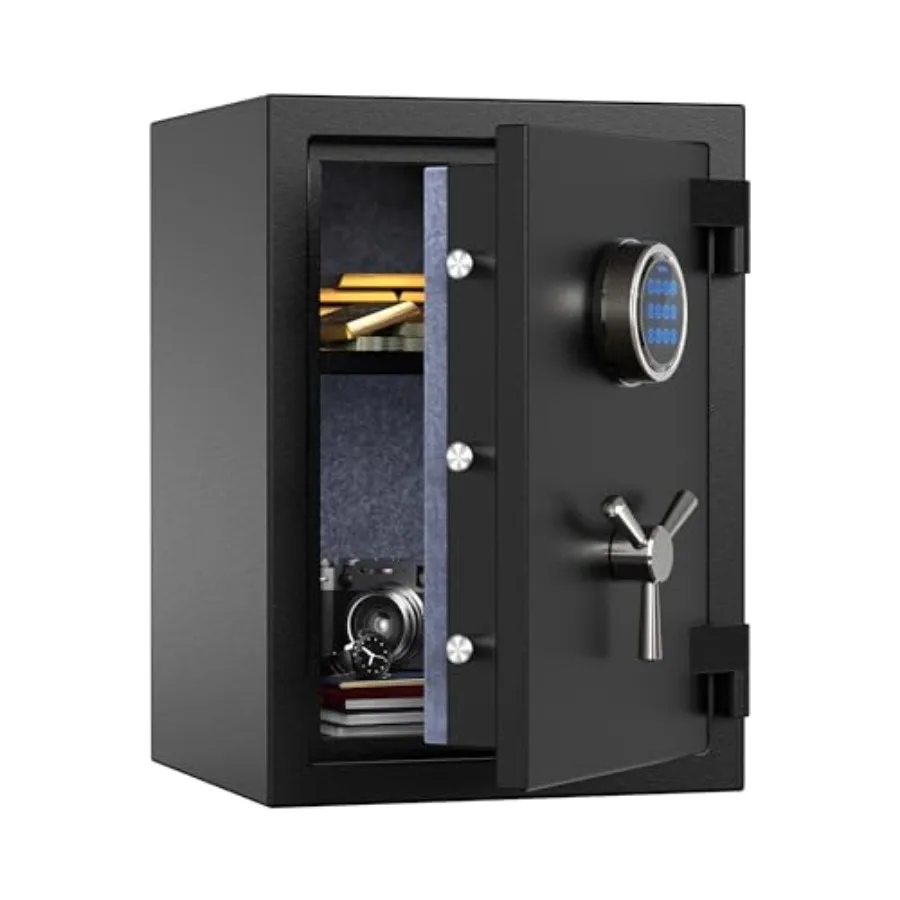 Deluxe fireproof safe box for home use, steel construction, black color, digital touch screen, 3-spoke handle, removable shelf,
Deluxe fireproof safe box for home use, steel construction, black color, digital touch screen, 3-spoke handle, removable shelf,