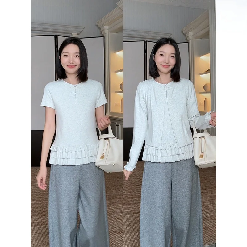 Хлопковая футболка с коротким рукавом и рюшами, модный женский топ, комплект-двойка, коллекция Весна-Лето
Хлопковая футболка с коротким рукавом и рюшами, модный женский топ, комплект-двойка, коллекция Весна-Лето