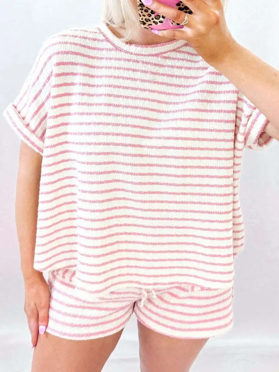 Womens Casual Striped Two Piece Set Short Sleeve Top Drawstring Shorts Loungewear
Womens Casual Striped Two Piece Set Short Sleeve Top Drawstring Shorts Loungewear