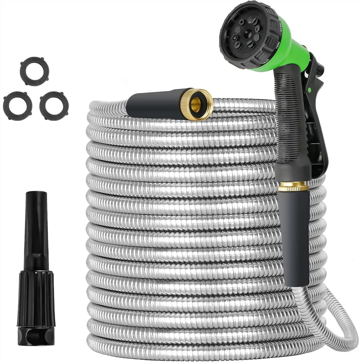Stainless Steel Garden Hose 100ft with Brass Fittings and Sprayer Nozzle, No Kink Rust Proof Flexible Water Pipe
Stainless Steel Garden Hose 100ft with Brass Fittings and Sprayer Nozzle, No Kink Rust Proof Flexible Water Pipe