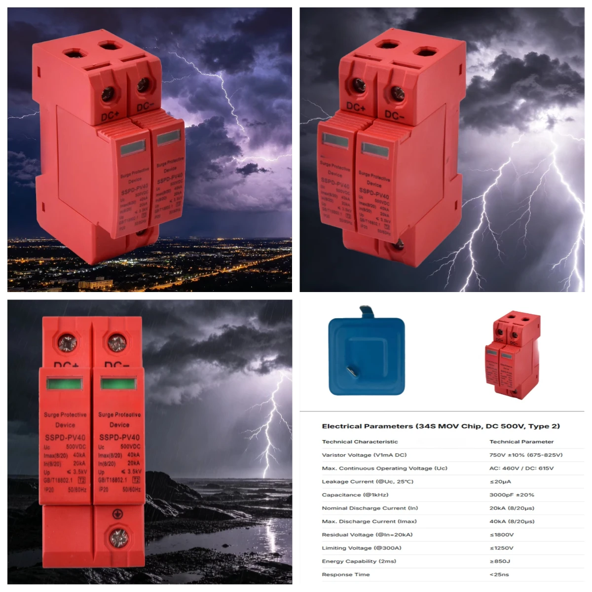 2P 500V DC 40kA T2 Type 2 Modular Surge Arrester for Solar System CE IEC 61643-11
2P 500V DC 40kA T2 Type 2 Modular Surge Arrester for Solar System CE IEC 61643-11