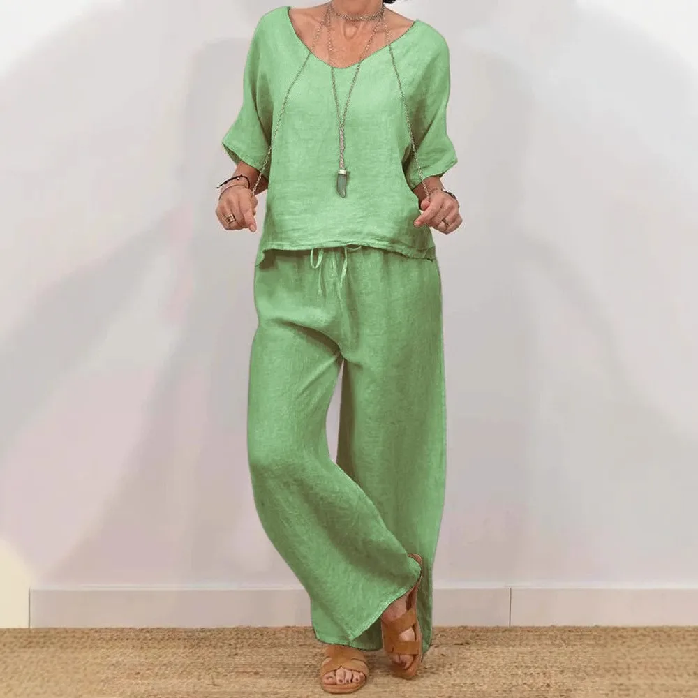 Casual V Neck Half-sleeved Long Pants 2 Piece Set Women Fashion Elastic Waist Leg Long Pants Loose Retro Vacation Home Wear Set
Casual V Neck Half-sleeved Long Pants 2 Piece Set Women Fashion Elastic Waist Leg Long Pants Loose Retro Vacation Home Wear Set