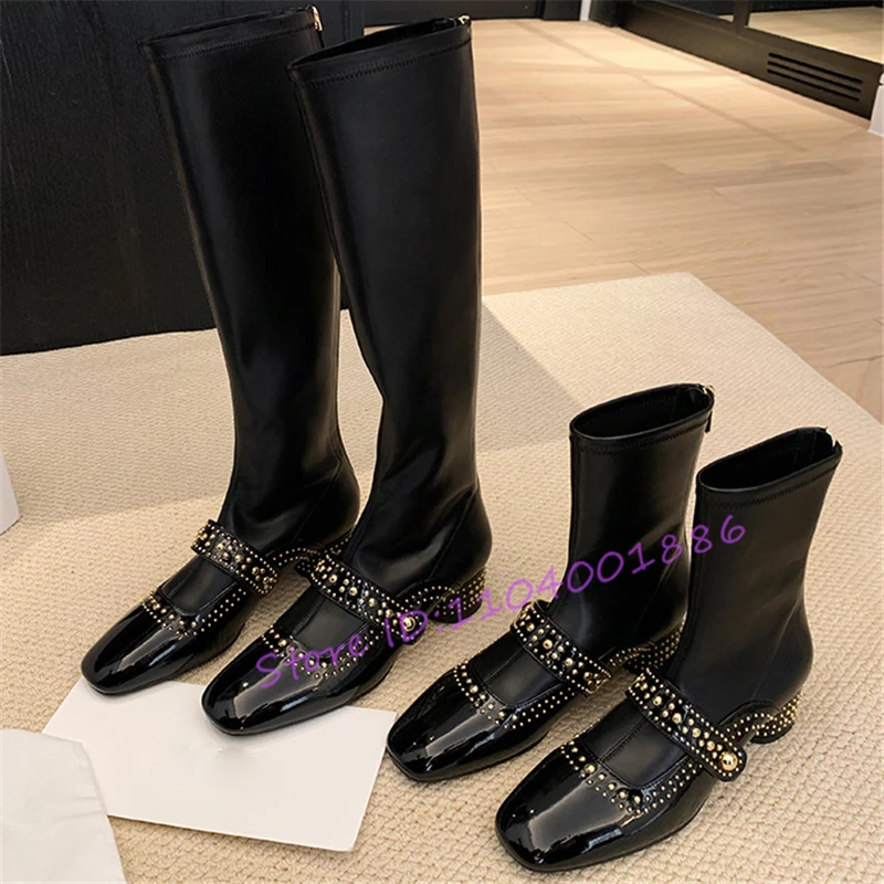 Rivet Buckle Square Toe Knee High Boots Spring Autumn Black White Patent Leather Round Heel Knight Boots Women Mary Jane Shoes
Rivet Buckle Square Toe Knee High Boots Spring Autumn Black White Patent Leather Round Heel Knight Boots Women Mary Jane Shoes