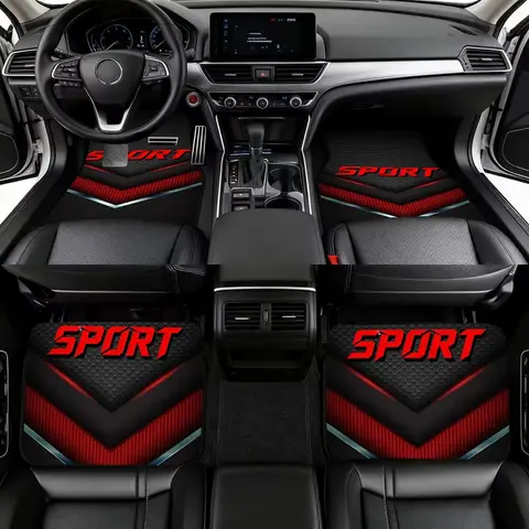 4pcs SPORT Logo Red And Black Sporty Car Floor Mats, Modern Car Interior Mats, Compatible with The Interior Style of Rugged Suvs And Modified Vehicles. Made of Durable, Suitable for Various Truck And SUV Models. an Ideal Gift, Car Decoration Mats