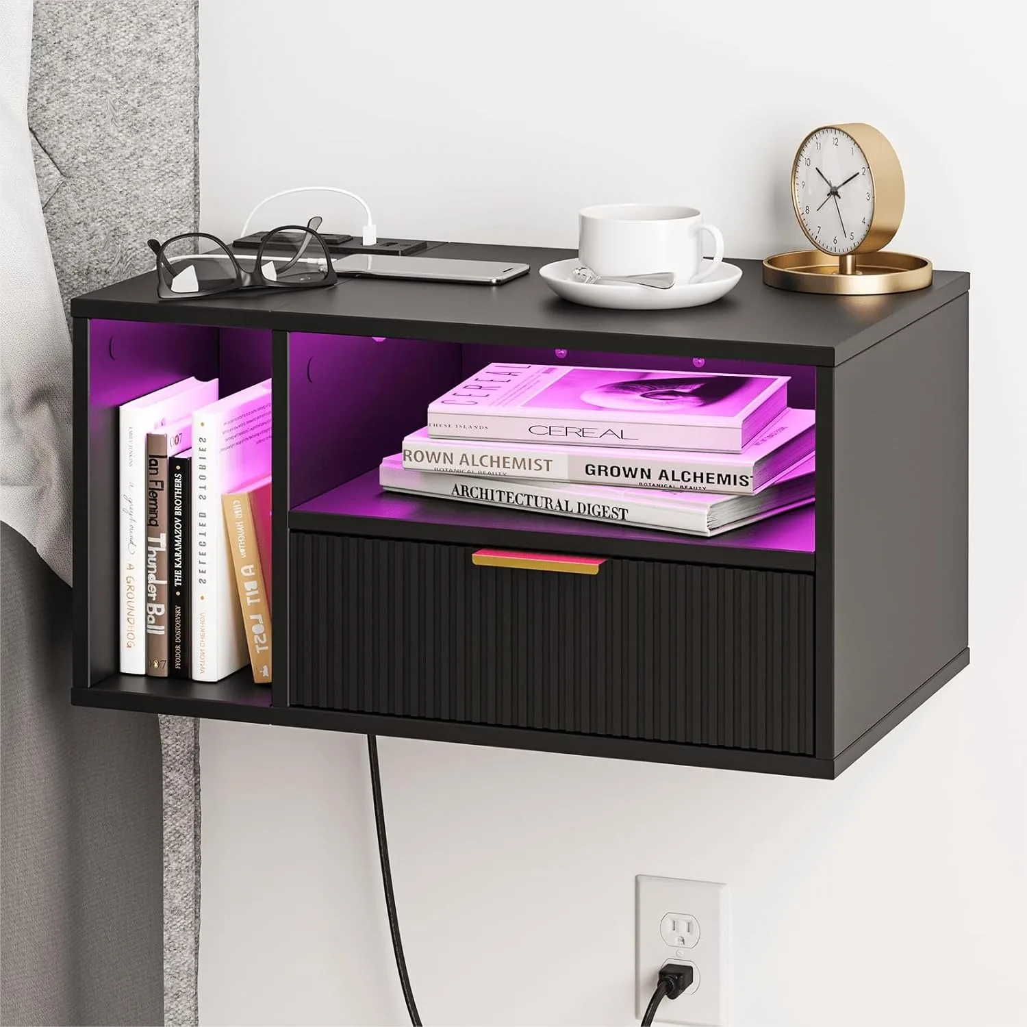 Floating Nightstand with Charging Station and LED Lights, Black - Modern Bedside Table for Convenient Storage
Floating Nightstand with Charging Station and LED Lights, Black - Modern Bedside Table for Convenient Storage