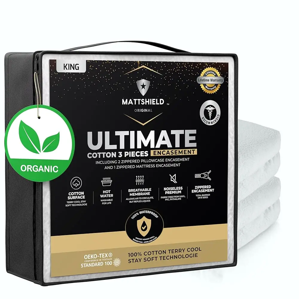 Mattshield Ultimate Sensitive Skin 3-Piece Kit – King Size Bed Bug Mattr Protector + 2 Zippered Pillow Covers – Organic Cotton
Mattshield Ultimate Sensitive Skin 3-Piece Kit – King Size Bed Bug Mattr Protector + 2 Zippered Pillow Covers – Organic Cotton