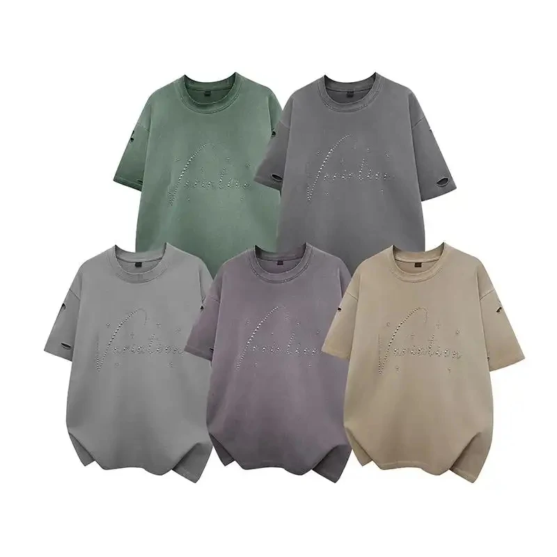 American Heavyweight Washed Distressed Hot Drilling Craft Short Sleeve Tops 2026 Summer New Arrival Loose Niche Designer T-Shirt
American Heavyweight Washed Distressed Hot Drilling Craft Short Sleeve Tops 2026 Summer New Arrival Loose Niche Designer T-Shirt
