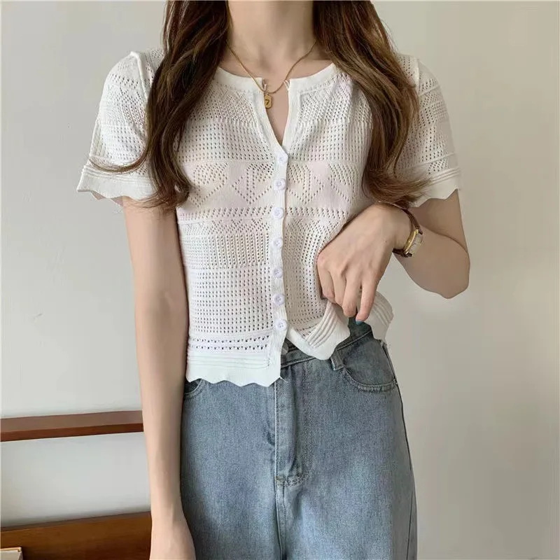 Женская футболка с коротким рукавом, летние однотонные облегающие повседневные рубашки, милые женские пуловеры, базовый уличный кардиган с вырезами D878 
Женская футболка с коротким рукавом, летние однотонные облегающие повседневные рубашки, милые женские пуловеры, базовый уличный кардиган с вырезами D878