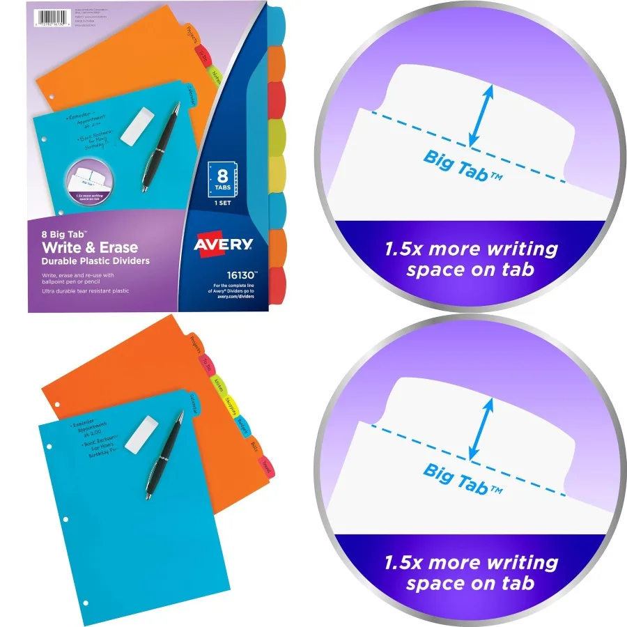 Avery Big Tab Write Erase Durable Plastic Dividers for 3 Ring Binders 8-Tab Set Bright Multicolor 1 Set 16130 - Ideal for Class
Avery Big Tab Write Erase Durable Plastic Dividers for 3 Ring Binders 8-Tab Set Bright Multicolor 1 Set 16130 - Ideal for Class