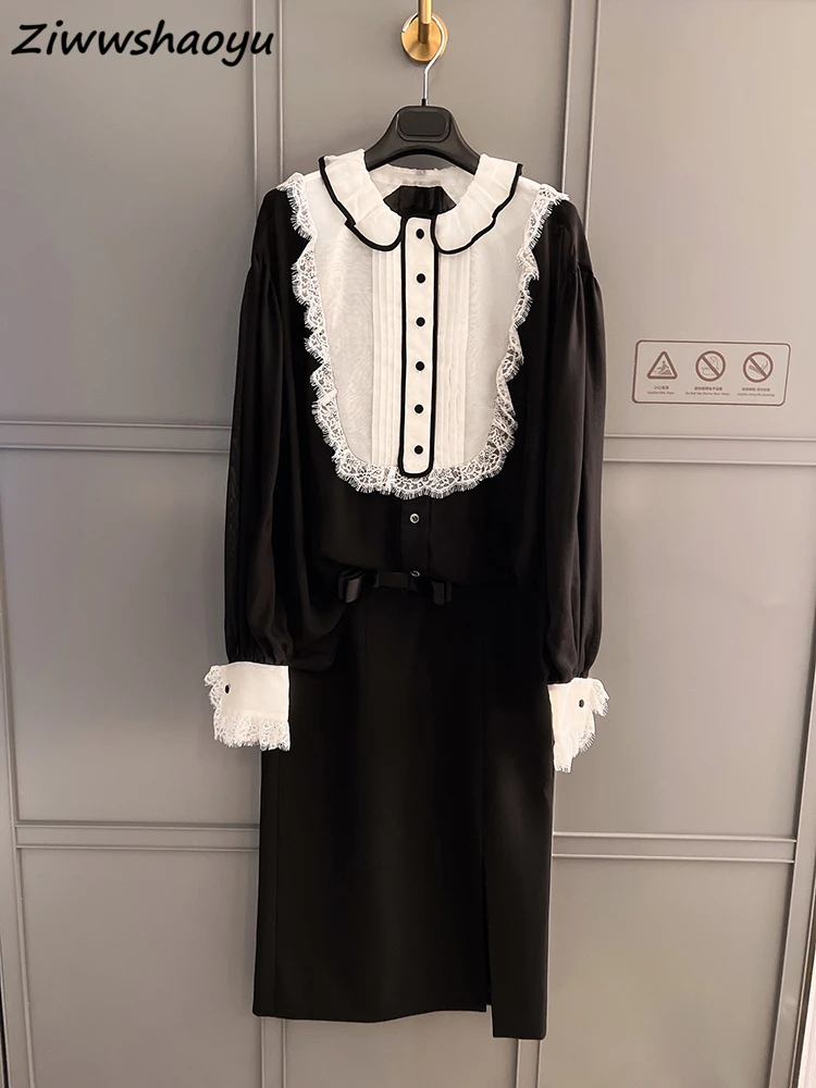 High Quality Summer Women Fashion Runway Designer Black And White Lace Trim Thin Shirts + Silk Split Pencil Midi Skirts Suits
High Quality Summer Women Fashion Runway Designer Black And White Lace Trim Thin Shirts + Silk Split Pencil Midi Skirts Suits