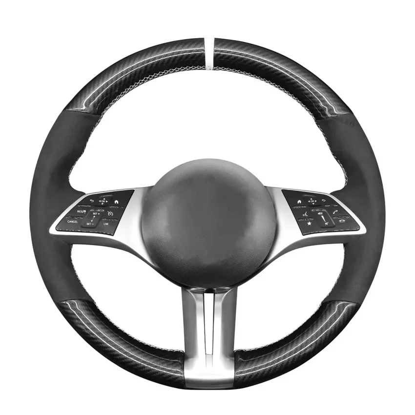 Black Faux Carbon Suede Steering Wheel Cover for Mercedes-Benz B-Class C-Class CLA-Class EQE GLA-Class GLC-Class 2021-2025
Black Faux Carbon Suede Steering Wheel Cover for Mercedes-Benz B-Class C-Class CLA-Class EQE GLA-Class GLC-Class 2021-2025