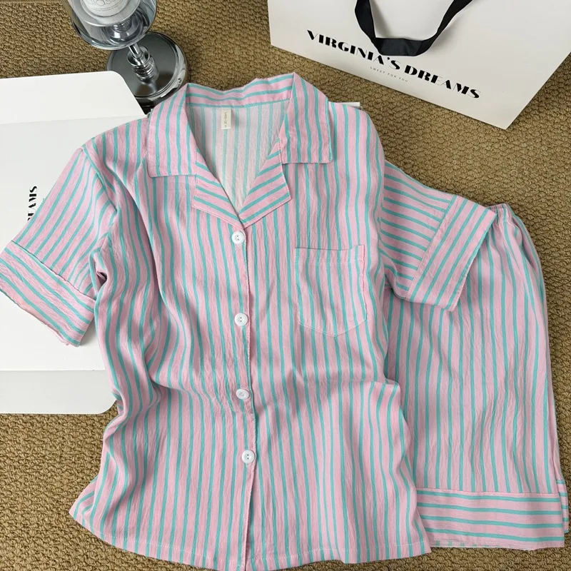Korean-Style Simple Color-Block Striped Pajamas for Women, New Summer Loose Lazy Short-Sleeve and Shorts Homewear Two-Piece Set
Korean-Style Simple Color-Block Striped Pajamas for Women, New Summer Loose Lazy Short-Sleeve and Shorts Homewear Two-Piece Set