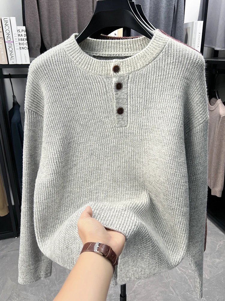 High end button round neck men's sweater fashion luxury knitted thick autumn winter warm skin friendly comfort casual pullover
High end button round neck men's sweater fashion luxury knitted thick autumn winter warm skin friendly comfort casual pullover