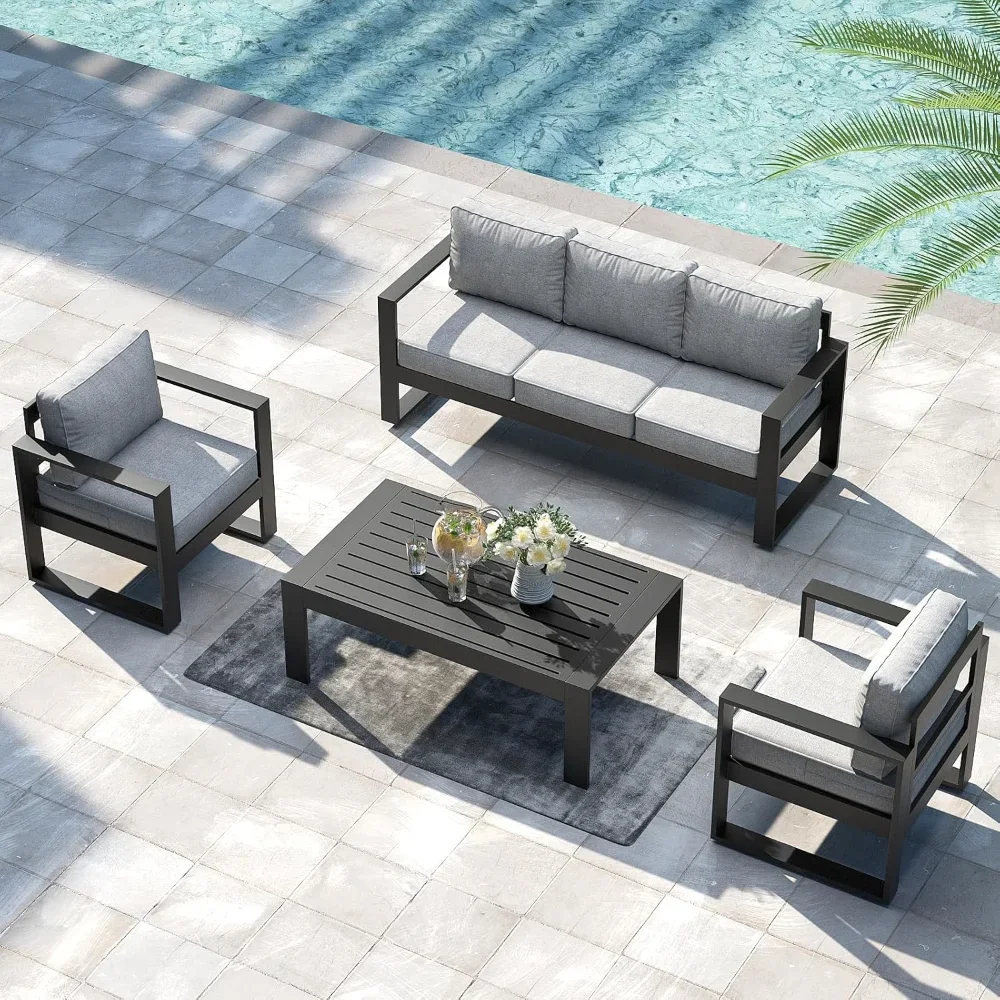 4 Pieces Outdoor Aluminum Patio Furniture Set, Metal Modern Conversation Sofa Set with Coffee Table and Washable Thick Cushions
4 Pieces Outdoor Aluminum Patio Furniture Set, Metal Modern Conversation Sofa Set with Coffee Table and Washable Thick Cushions