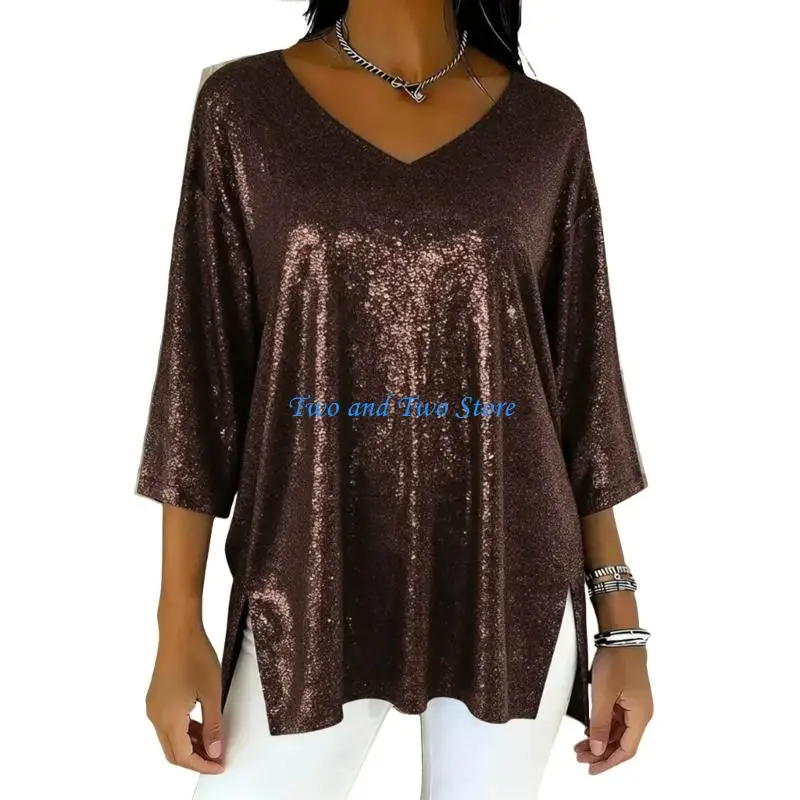 HX6F Women's Sparkly Tops Elegant V Neck 3/4 Sleeve Bottom Slit Party Casual Blouses T Shirts
HX6F Women's Sparkly Tops Elegant V Neck 3/4 Sleeve Bottom Slit Party Casual Blouses T Shirts