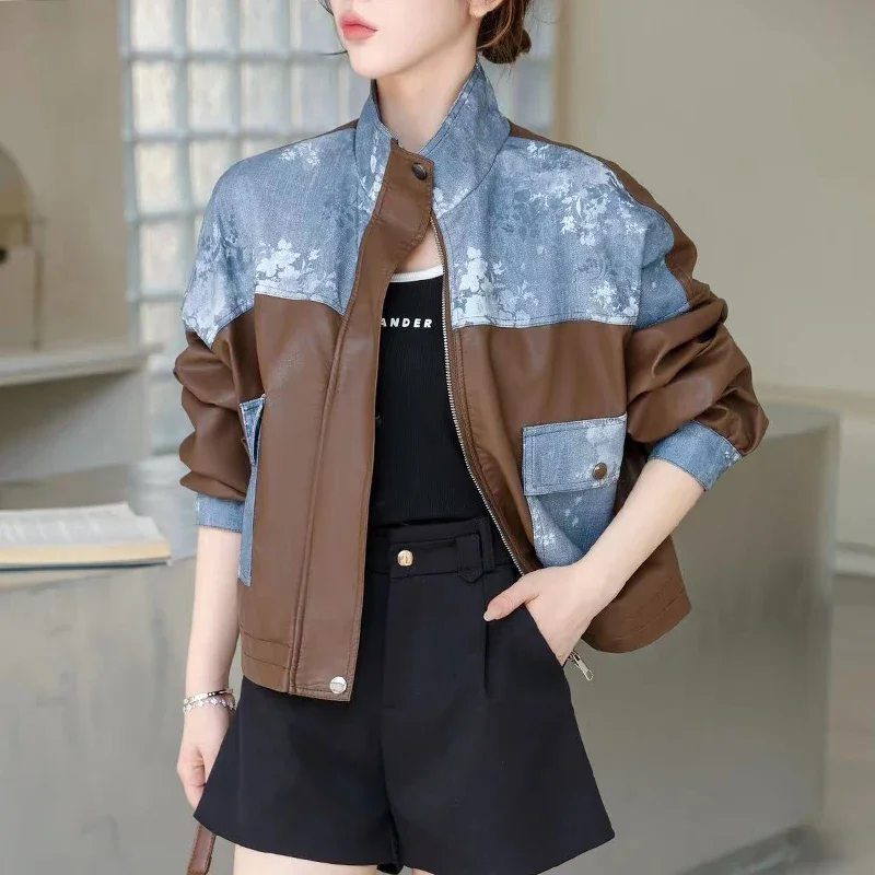 2024 New Spring Autumn Women Stand Collar Zipper Loose Short Jacket High Quality Retro Denim Patchwork PU Leather Jacket
2024 New Spring Autumn Women Stand Collar Zipper Loose Short Jacket High Quality Retro Denim Patchwork PU Leather Jacket