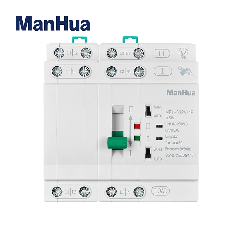 ManHua ME1-63PV/4P 63A 380VAC Photovoltaic Automatic Transfer Switch For Solar Photovoltaic DC Power And City AC Power
ManHua ME1-63PV/4P 63A 380VAC Photovoltaic Automatic Transfer Switch For Solar Photovoltaic DC Power And City AC Power