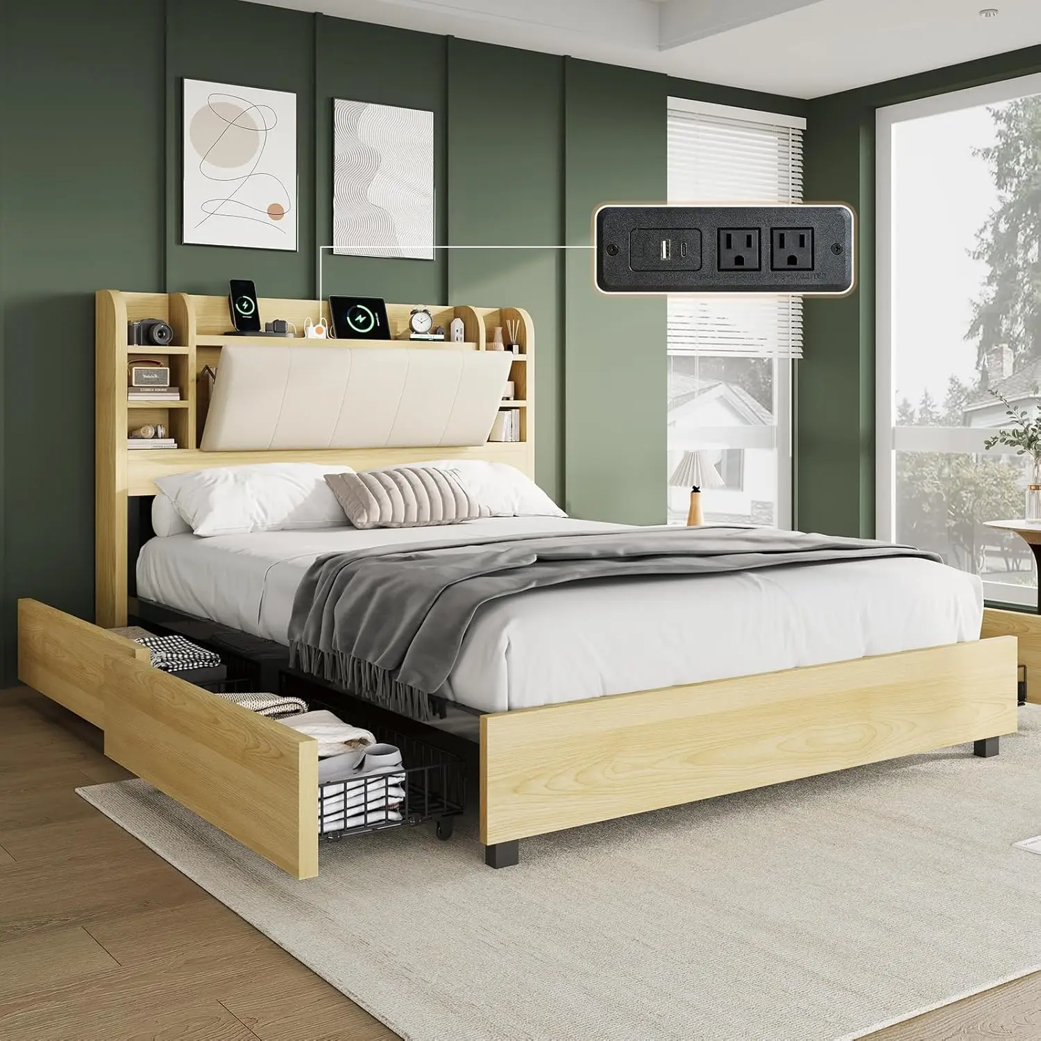 Queen Size Bed Frame with 4 Storage Drawers, Upholstered Bed Frame with 47.2" Bookcase Headboard, Wooden Platform Bed Frame
Queen Size Bed Frame with 4 Storage Drawers, Upholstered Bed Frame with 47.2" Bookcase Headboard, Wooden Platform Bed Frame