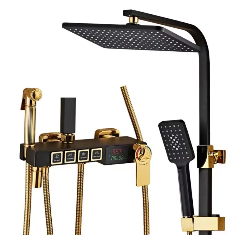 A Hot Sale LED Digital Display Wall Mounted Black and Gold Color Bathroom Thermostatic Shower Set
A Hot Sale LED Digital Display Wall Mounted Black and Gold Color Bathroom Thermostatic Shower Set