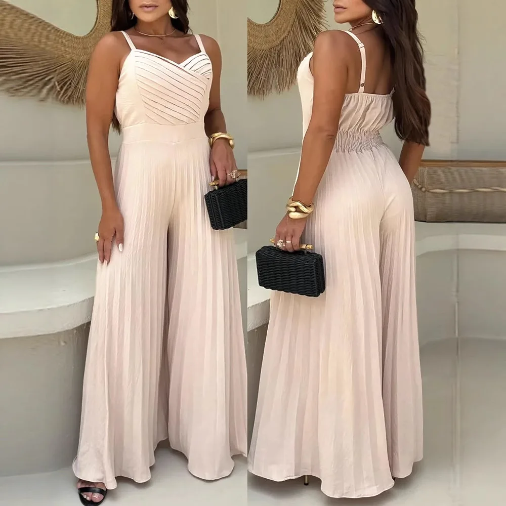 Women Pleated V Neck Spaghetti Strap Waist Jumpsuit Casual Wide Leg Flared Romper Overall Pants
Women Pleated V Neck Spaghetti Strap Waist Jumpsuit Casual Wide Leg Flared Romper Overall Pants