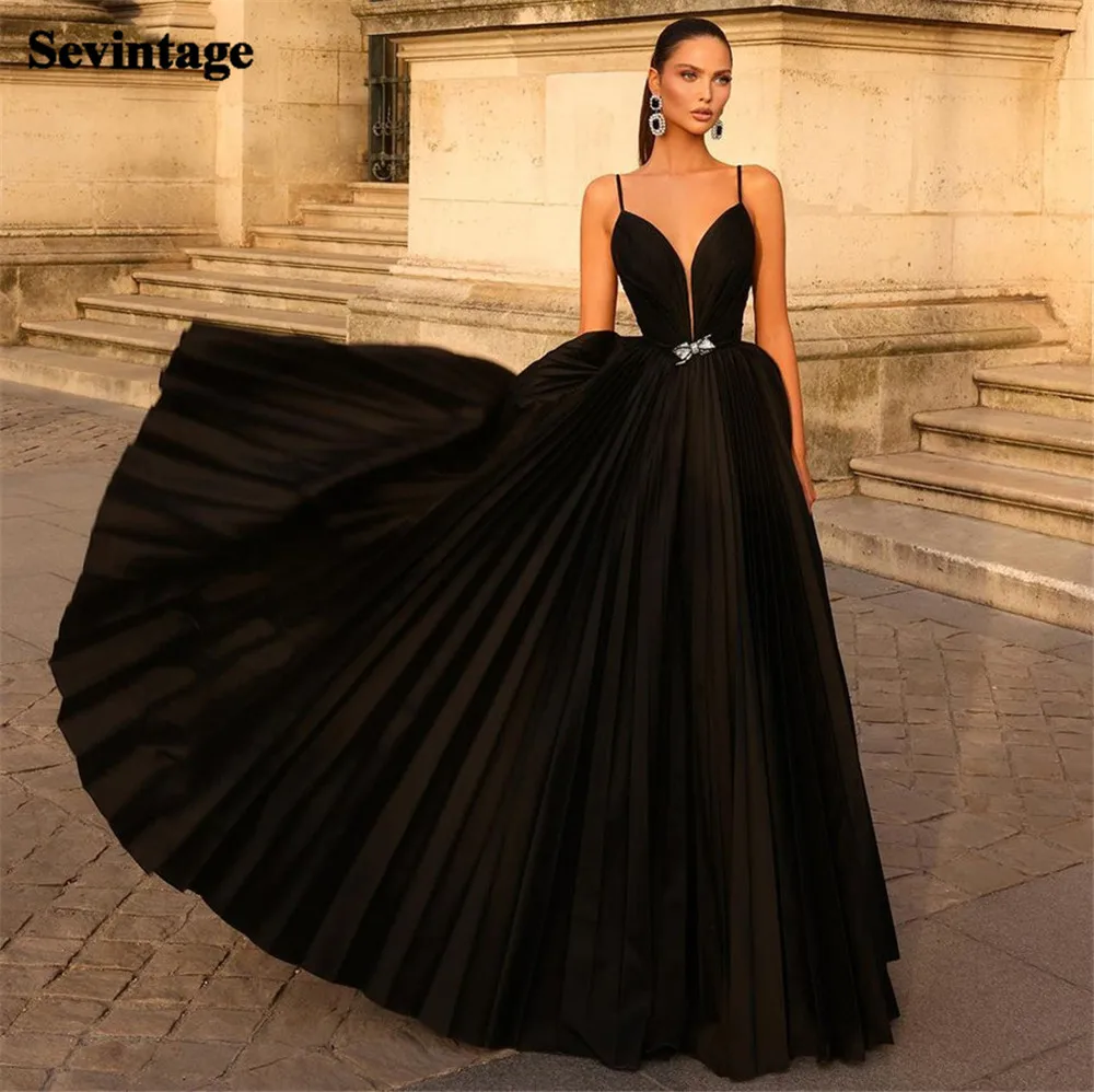 Sevintage Elegant Black A-Line Satin Prom Dress Spaghetti Strap Sleeveless Floor Length Sheath Evening Dress vestido de gala
Sevintage Elegant Black A-Line Satin Prom Dress Spaghetti Strap Sleeveless Floor Length Sheath Evening Dress vestido de gala