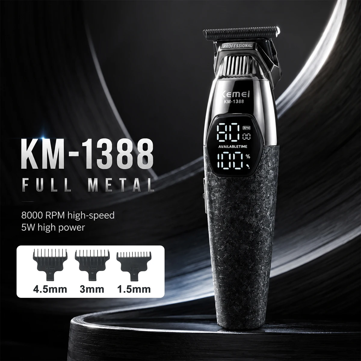 Kemei KM-1388 Full Metal Professional Hair Trimmer for Men DLC Blade T-Blade 8000RPM 5W Motor LED Display 1200mAh Hair Clipper
Kemei KM-1388 Full Metal Professional Hair Trimmer for Men DLC Blade T-Blade 8000RPM 5W Motor LED Display 1200mAh Hair Clipper