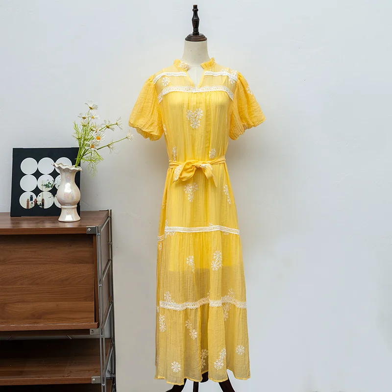 French Summer Embroidery Flower Loose Holiday Midi Dress New Lazy Women V Neck Spliced Puff Sleeve Lace Up Yellow Long Vestidos
French Summer Embroidery Flower Loose Holiday Midi Dress New Lazy Women V Neck Spliced Puff Sleeve Lace Up Yellow Long Vestidos