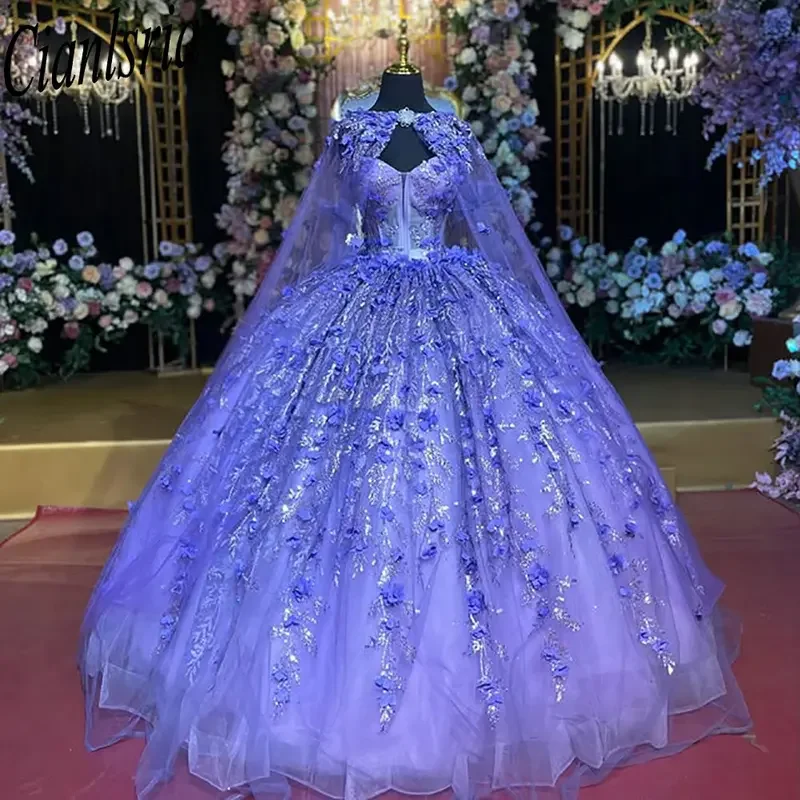 Lilac 3D Flowers Ball Gown Quinceanera Dresses With Cape Sparkly Crystal Sequined Sweet 15 Años Mexican Customized
Lilac 3D Flowers Ball Gown Quinceanera Dresses With Cape Sparkly Crystal Sequined Sweet 15 Años Mexican Customized