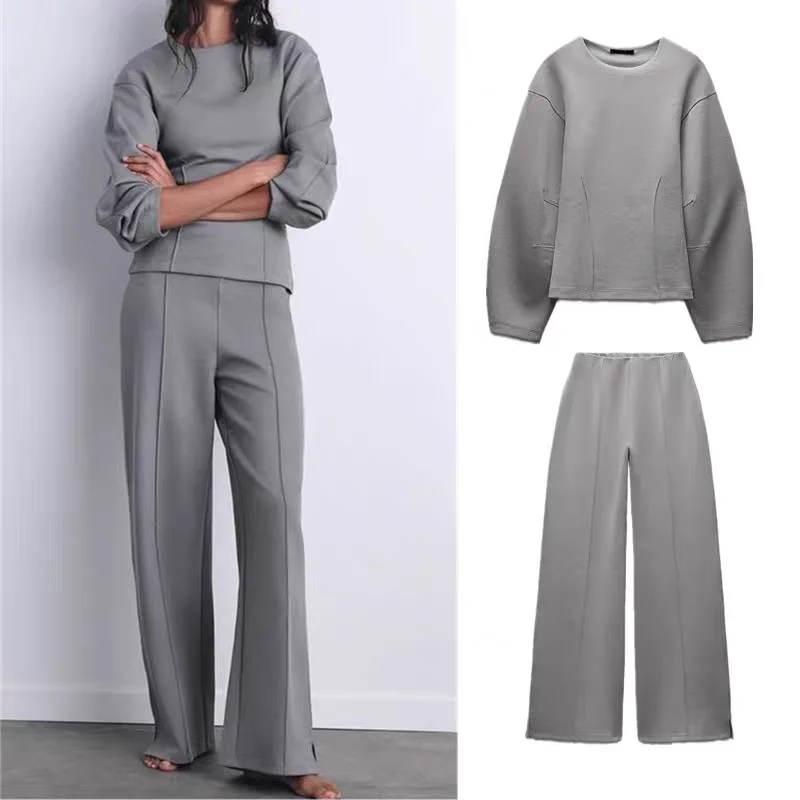 Wide Leg Trousers Solid Long Sleeve O-neck Top Women Casual Tops Pants Set Fashion Spring Autumn Vacation Lady Suit
Wide Leg Trousers Solid Long Sleeve O-neck Top Women Casual Tops Pants Set Fashion Spring Autumn Vacation Lady Suit
