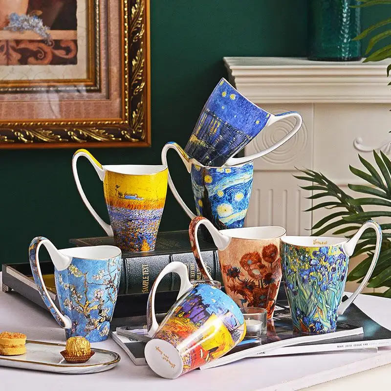 Creative Large Capacity Ceramic Mugs Painted Van Gogh Bone China Oil Painting Cups Home Use Gift Box Set Japanese St...