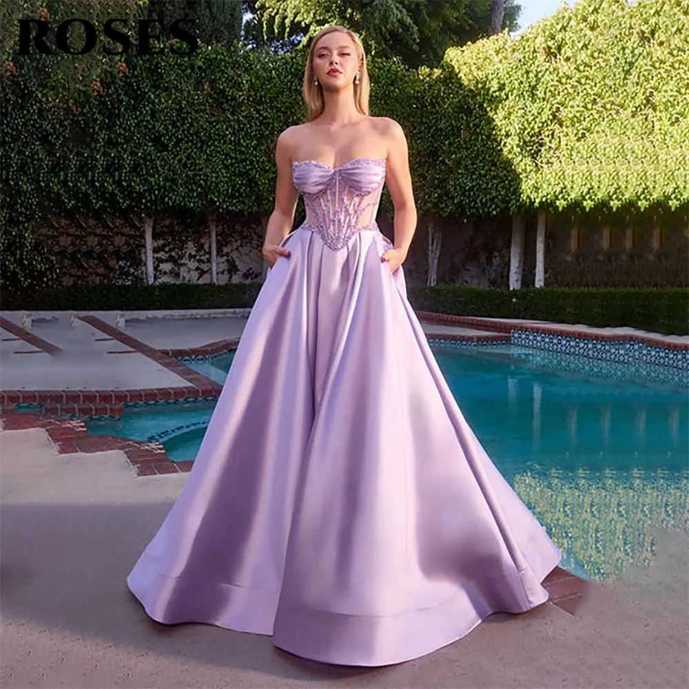 ROSES Lavender Evening Gown Strapless Corset Satin Prom Dresses Lace Up Back Wedding Dress A Line robes de soirée Customized
ROSES Lavender Evening Gown Strapless Corset Satin Prom Dresses Lace Up Back Wedding Dress A Line robes de soirée Customized
