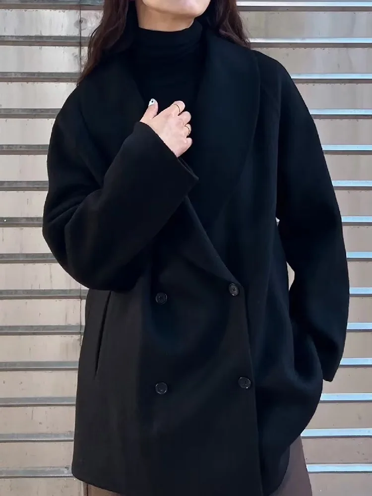 R0W Autumn/Winter Women's Wool Coat with Cashmere Black Long Sleeve Double breasted Casual Jacket Folding Collar Warm Coat
R0W Autumn/Winter Women's Wool Coat with Cashmere Black Long Sleeve Double breasted Casual Jacket Folding Collar Warm Coat