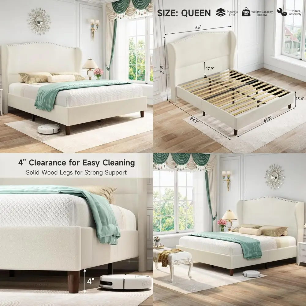 Queen Size Chenille Bed Frame with 52 Tall Wingback Headboard, Upholstered Platform Bed featuring Nailhead Trim and High Headboa
Queen Size Chenille Bed Frame with 52 Tall Wingback Headboard, Upholstered Platform Bed featuring Nailhead Trim and High Headboa