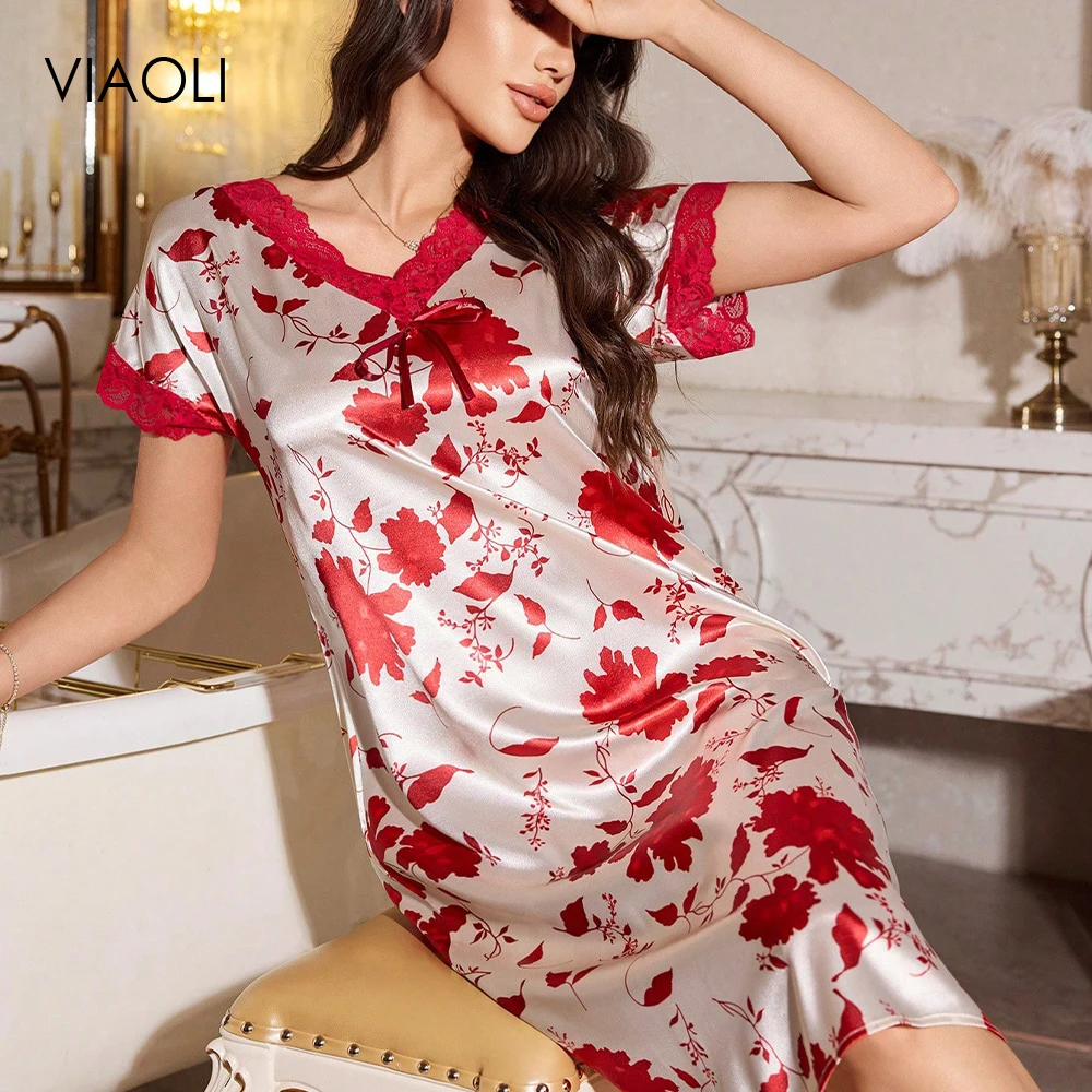 Ladies Elegant Printing Nightgown Nightdress Women Sexy Lingerie Satin Sleepwear Lace Trimmed Bow Nightwear Homewear Long Dress
Ladies Elegant Printing Nightgown Nightdress Women Sexy Lingerie Satin Sleepwear Lace Trimmed Bow Nightwear Homewear Long Dress