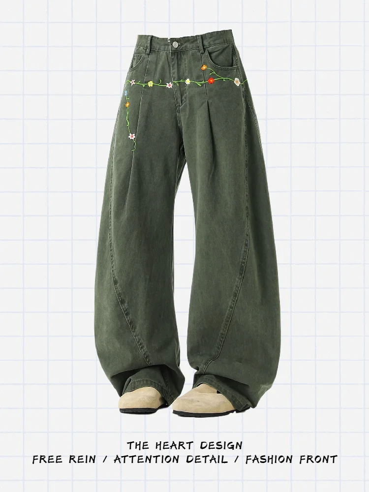 American Style Military Green Floral Embroidery Pattern Loose Women's Work Pants High Waist Wide Leg Jeans Autumn Street Style
American Style Military Green Floral Embroidery Pattern Loose Women's Work Pants High Waist Wide Leg Jeans Autumn Street Style