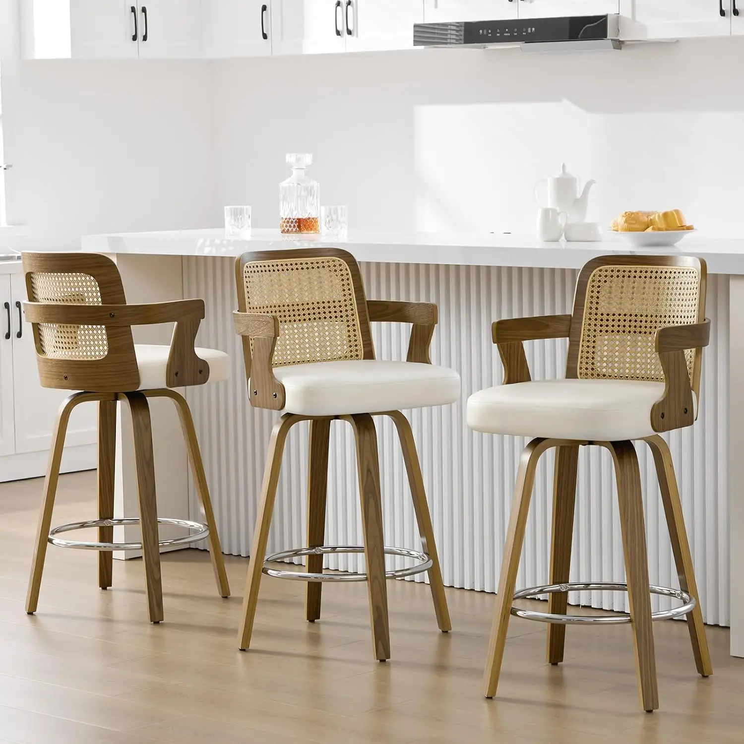 Swivel Counter Height Bar Stools Set Of 3, 26" Seat Height Counter Stools With Rattan Back And Arms, Faux Leather, Customized
Swivel Counter Height Bar Stools Set Of 3, 26" Seat Height Counter Stools With Rattan Back And Arms, Faux Leather, Customized