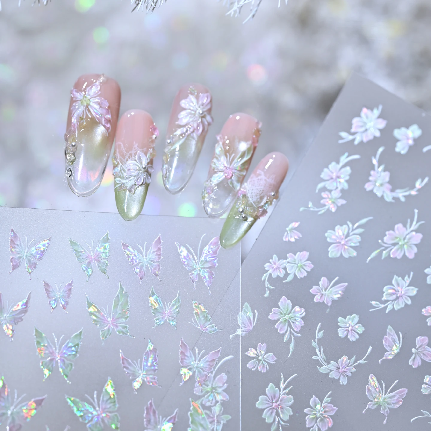 5D Relief Holographic Iridescent Butterfly & Flower Nail Decals Translucent Pastel Floral Butterfly Stickers for Nail Art Decors
5D Relief Holographic Iridescent Butterfly & Flower Nail Decals Translucent Pastel Floral Butterfly Stickers for Nail Art Decors