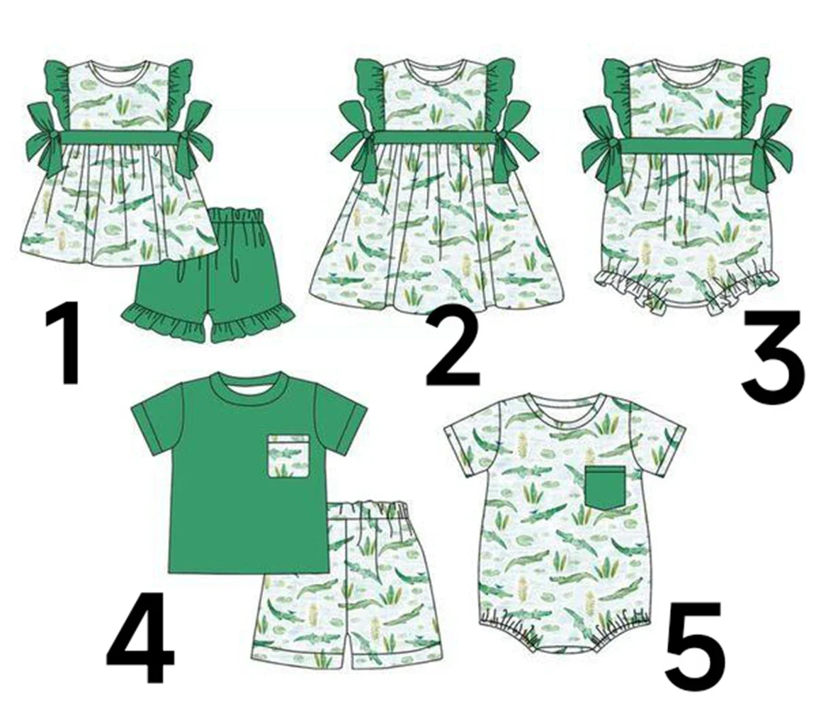 Wholesale Children's Summer Clothes Green Girls pearl Dress Boys Short Sleeve Shorts Crocodile Print Fashionable Summer matching
Wholesale Children's Summer Clothes Green Girls pearl Dress Boys Short Sleeve Shorts Crocodile Print Fashionable Summer matching