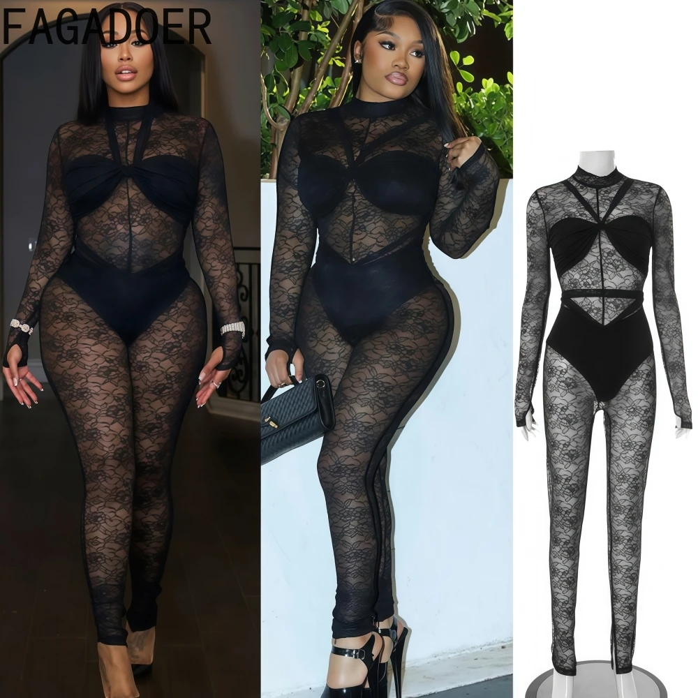 FAGADOER Sexy Lace See Through Patchwork Two Piece Outfits Woman Hollow Long Sleeve Crop Top and Leggings Pants Night Club Suits
FAGADOER Sexy Lace See Through Patchwork Two Piece Outfits Woman Hollow Long Sleeve Crop Top and Leggings Pants Night Club Suits