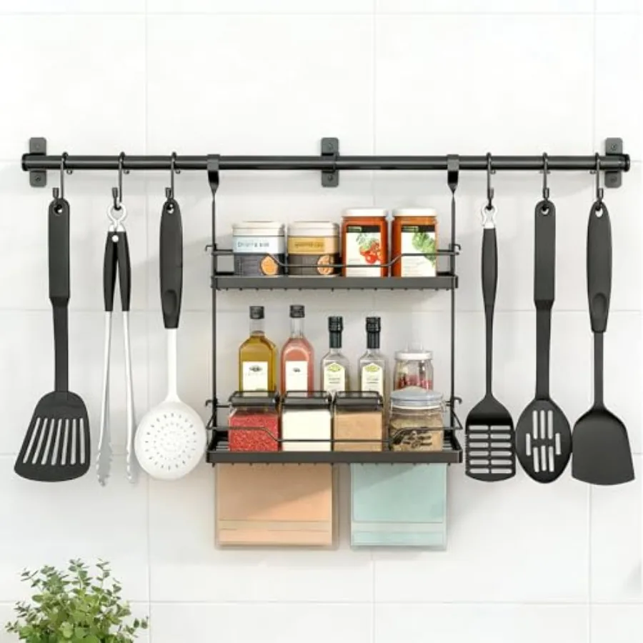 Spice Rack Wall Mount, 2-Tier Storage Shelf with Towel Bar, Utensil Hanger with Hooks for Kitchen, Bathroom, Pantry, Laundry, M
Spice Rack Wall Mount, 2-Tier Storage Shelf with Towel Bar, Utensil Hanger with Hooks for Kitchen, Bathroom, Pantry, Laundry, M
